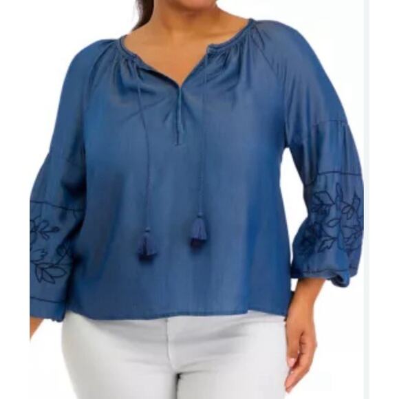 Crown & Ivy Womens Blouse Plus Size 2X Blue Boho Peasant V Neck Rayon - Picture 1 of 8
